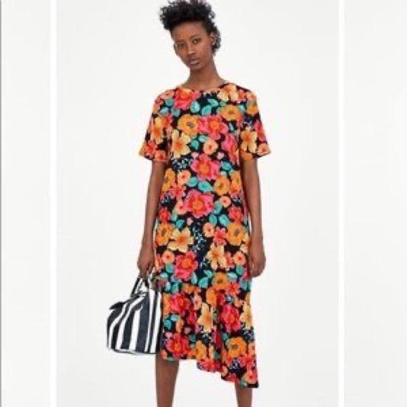 ZARA Tropical Asymmetrical Floral Midi Dress SIZE Small - Picture 6 of 6